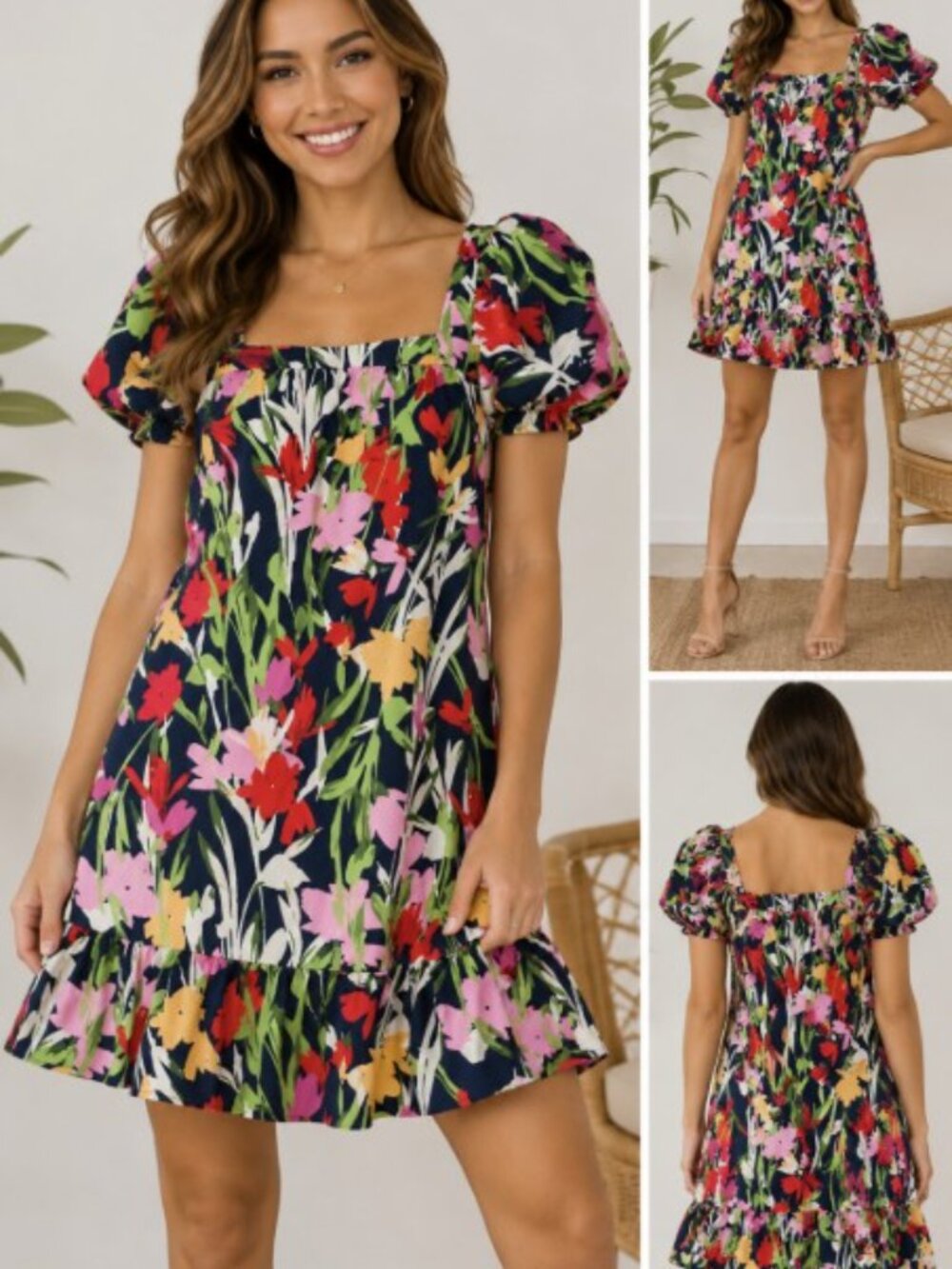 Maggy London Floral Mini Dress Womens Size 2 Puff Sleeve Square Neck Cotton